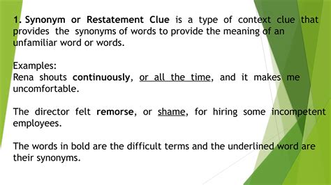 Types of Context Clues: Synonyms, Antonyms, Definitin, Example Clue ...