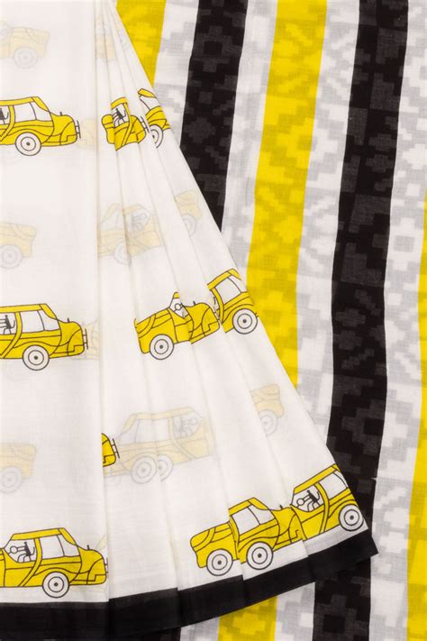 White Hand Block Printed Cotton Saree 10071486 – Avishya.com