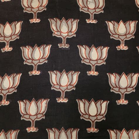 (PRE-CUT 1.70 METER) Pure Cotton Bagru Black With Grey Lotus Flower Ha ...