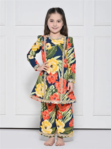 Navy Floral – A Navy Blue Cotton Suit with a Bold Floral Print for gir