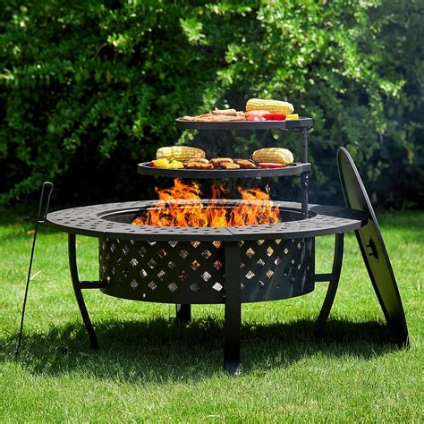 Sunmthink 28" Wood Pagoda Fire Pit with Removable Cooking Grill, Black ...