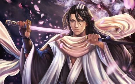 x, art, 720P, bleach, Kuchiki Byakuya, fan, flower, petals, kuchiki, hd ...