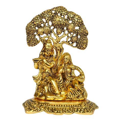 Buy Radha Krishna Idol Sitting Under Tree Murti Golden Plating White ...