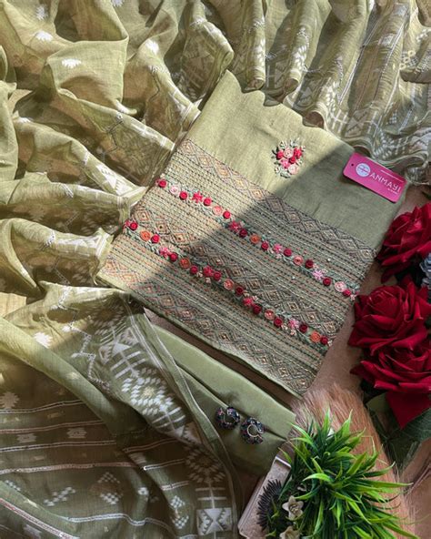 French knots rose work Maheshwari suit set with Jamdani Kantha work du