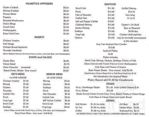 Palmetto Seafood Bar & Grill menus in York, South Carolina, United States