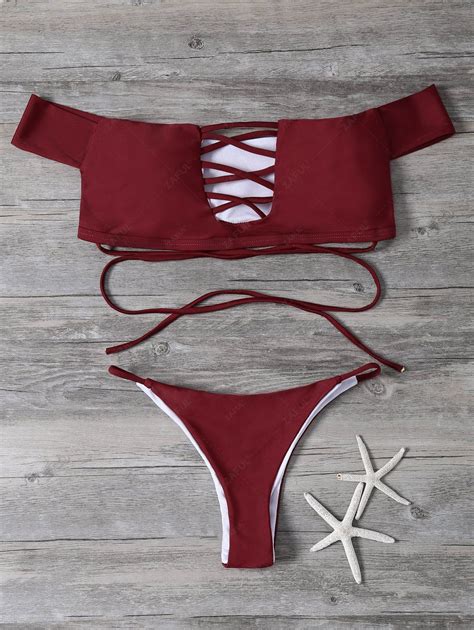 Lace-Up Off The Shoulder Bikini Set In RED | ZAFUL 2025