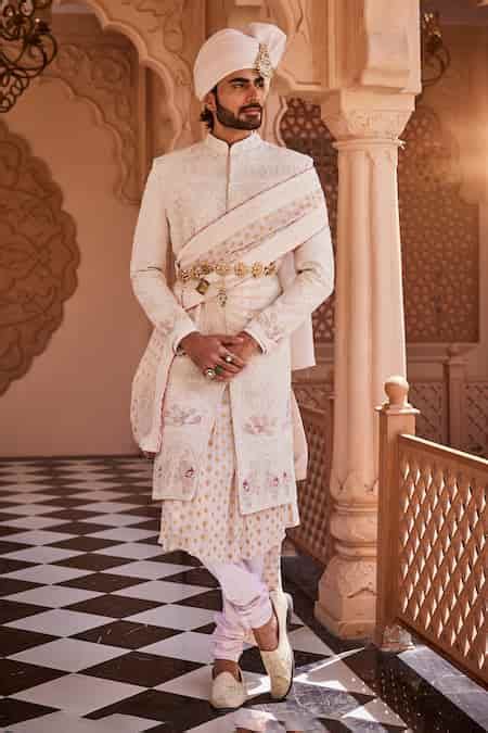 Buy Pink Silk Embroidery, Sequins Royal Snowfall Sherwani Set For Men ...