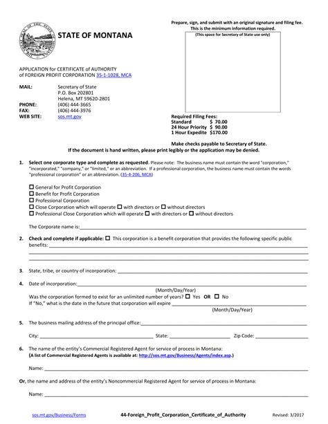 Montana Certificate of Authority - Foreign Montana Corporation