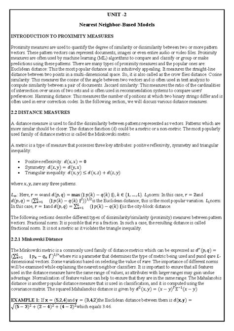 ML UNIT 2 - Introduction to Proximity Measures and Distance Metrics ...