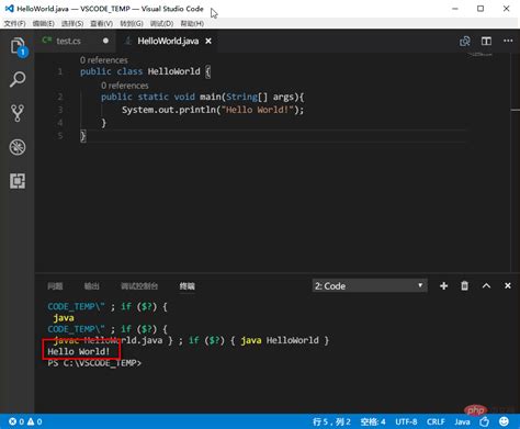 HelloWorld Java in vs Code 的图像结果