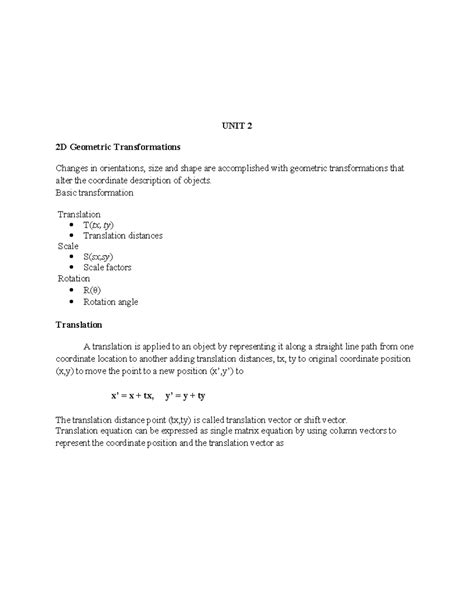 UNIT II - 2D Geometric Transformations in Graphics and Multimedia - Studocu