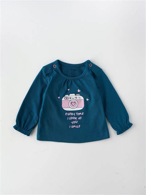 Popees Chest-Printed Full Sleeve Top (0–9 Months) with Shoulder Openin ...