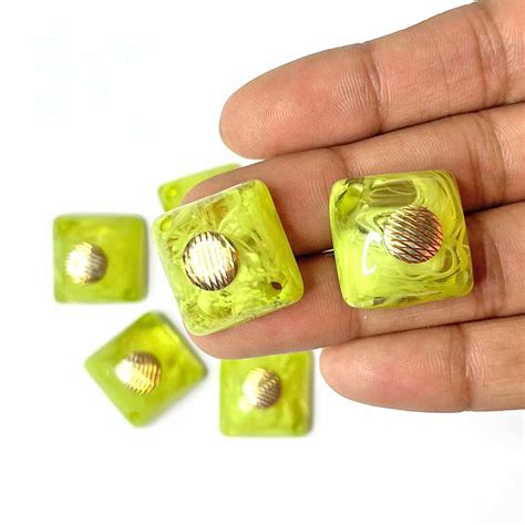 Lime Green Color Square Shape With Golden Circle Acrylic Button Set Of ...