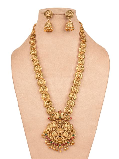 Traditional Indian Goddess Laxmi Long Temple Jewellery Set for Women