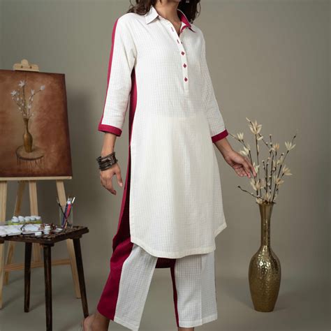 White with Pink Pure Handloom Cotton Asymmetric Kurta Set with Culotte ...