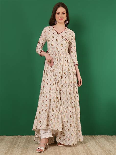 Cotton Printed Ankle Length 3/4 Sleeve V-Neck Angrakha Tiered Kurta ...
