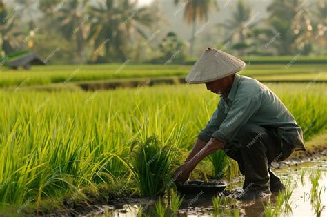 Premium Photo | A man kneeling in a rice field with a hat on