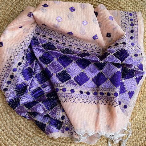 Peach and blue Phulkari embroidery Dupatta – Forsarees