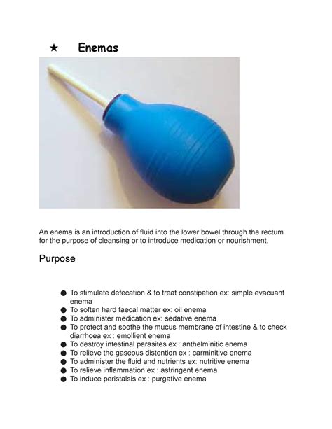 Enemas - MEDICAL FILES LECTURES - ★ Enemas An enema is an introduction ...