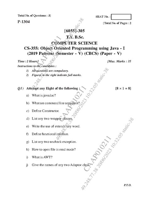 T.Y. B.Sc. CS 355 Final Exam: Object Oriented Programming in Java I ...