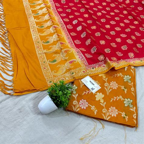 Mustard and Red Golden Zari Katan Silk Banarasi Suit – Mohsin Textiles
