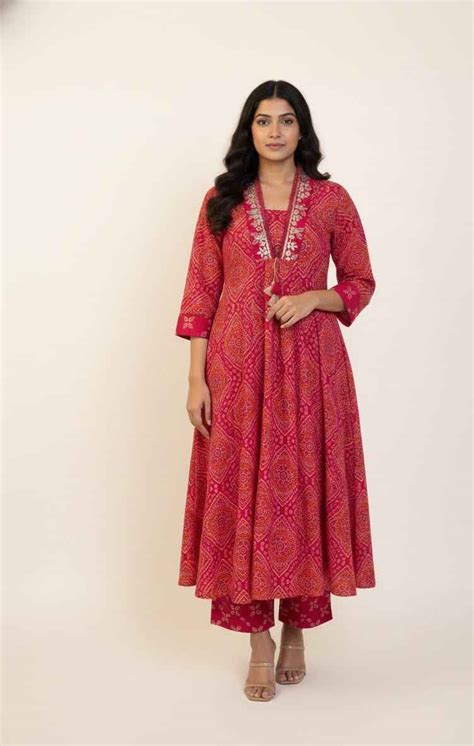 Premium Cotton A-Line Bandhej Print Dupatta Set With Embroidery CS0184 ...