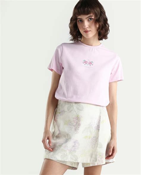 Rareism Women's Zarper Light Pink Cotton Half Sleeve Regular Fit Flora