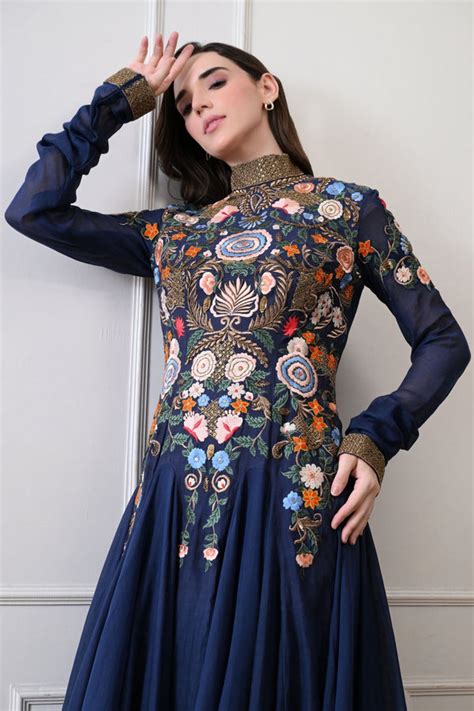 Samant Chauhan - Blue High-neck Embroidered Anarkali - Elahe