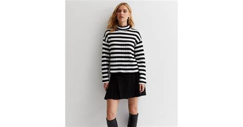 Black Stripe Cable Knit High Neck Jumper | New Look