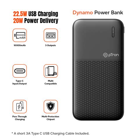 pTron Dynamo 10000mAh 22.5W Power Bank (Black) - pTron India