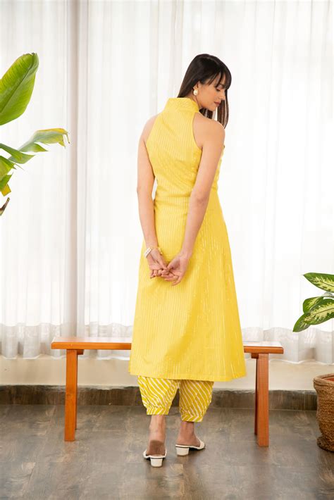 Yellow Lurex Fabric A-Line Kurta with Afghani Salwar – Ekohum