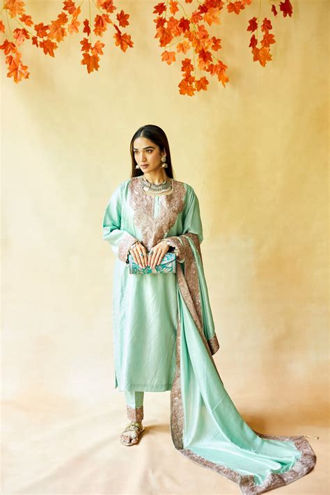 Mint Green Pure Silk Suit Set, Silver Tilla – Laila Roohi Faisal Designs