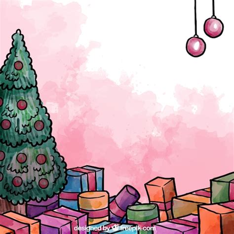 Hand bemalt Weihnachtsbaum mit Geschenken | Kostenlose Vektor