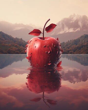 Red apple on red leaf large lake | Premium AI-generated image