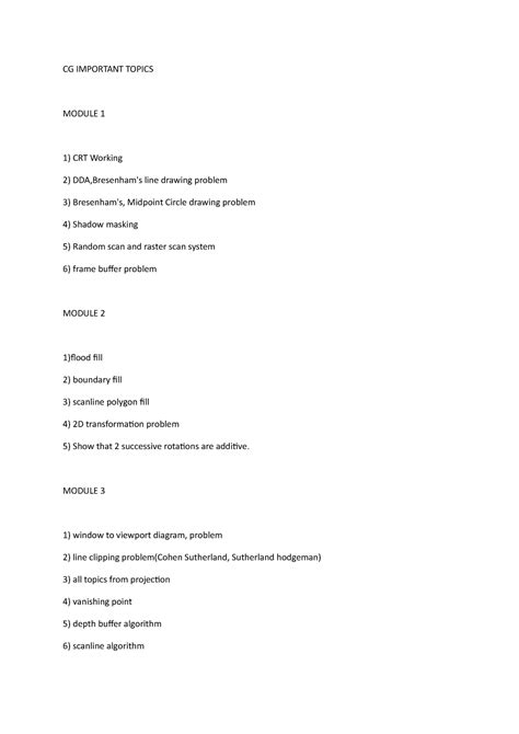 CG important questions - CG IMPORTANT TOPICS MODULE 1 CRT Working DDA ...