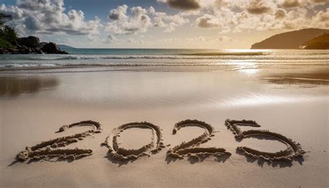 2025 year written on sandy beach sea at sunny day | Premium AI ...