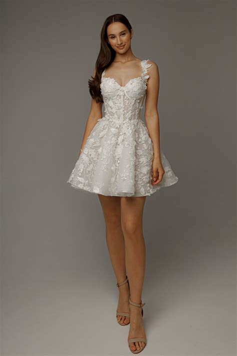 Short Floral Lace Wedding Dress Selkie | Floral lace wedding dress, Wedding dress necklines ...