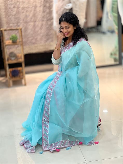 Mirror Work Embroidery Border Organza Saree | SBS715