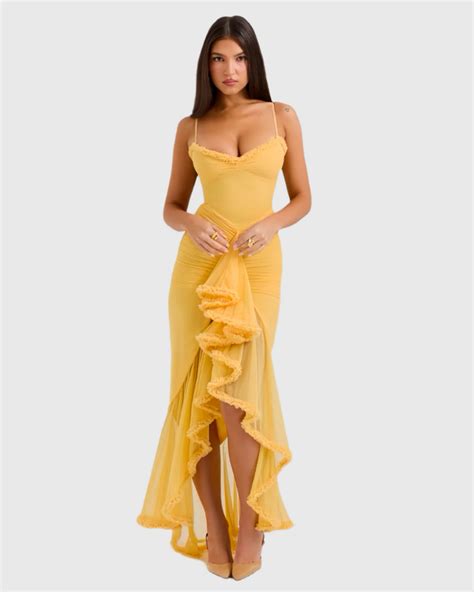 House of CB Gabbi Apricot Ruffle Front Gown Hire Melbourne Australia