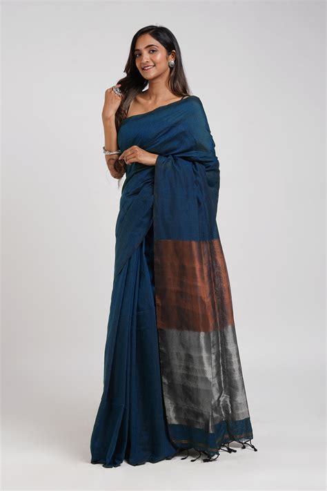 Teejh Inara Blue Hand Woven Cotton Tissue Weaving Saree with Blouse Pi