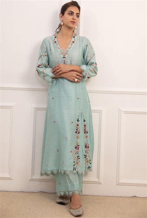 Blue French Knot Pocket Style Suhaani Kurta Set