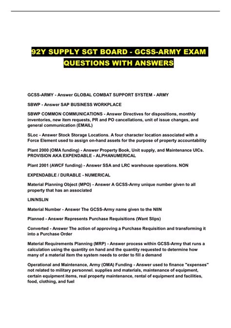 92Y SUPPLY SGT BOARD - GCSS-ARMY EXAM QUESTIONS WITH ANSWERS - 92Y ...