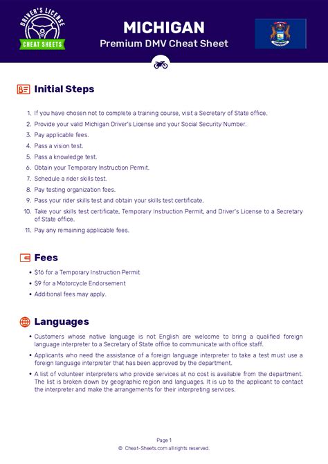 2024 Michigan DMV Motorcycle Permit Test Cheat Sheet. 99% pass rate!