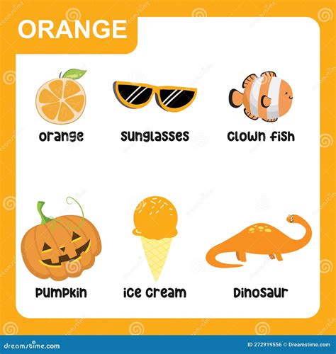 Set of Orange Color Objects. Primary Colours Flashcard with Orange ...