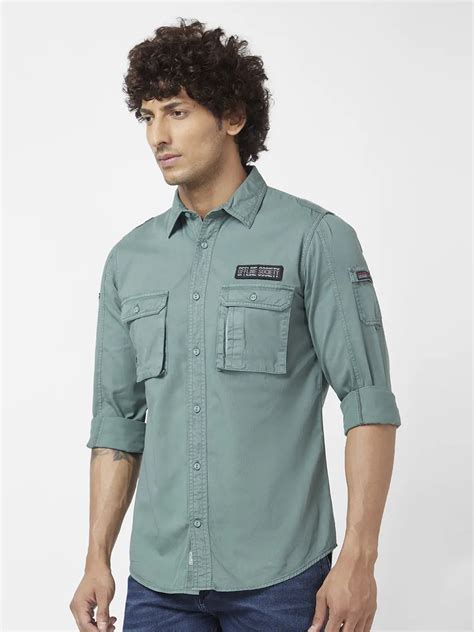 Spykar Men Military Green Twill Regular Slim Fit Full Sleeve Denim Shirt