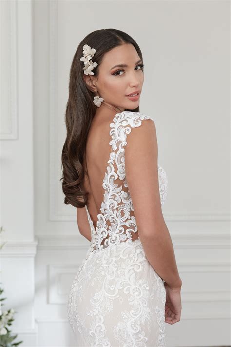 44375: Lace Fit and Flare Dress with Sheer Bodice and Cap Sleeves | Sincerity Bridal