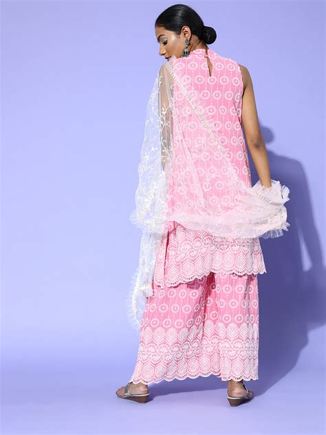 Pink Round Chikan Work Halter Kurta Set