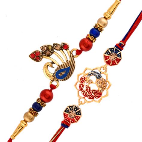 Gems Studded Peacock Motif Thread Rakhi - Pack Of 2 | Voylla Rakhi – VOYLLA