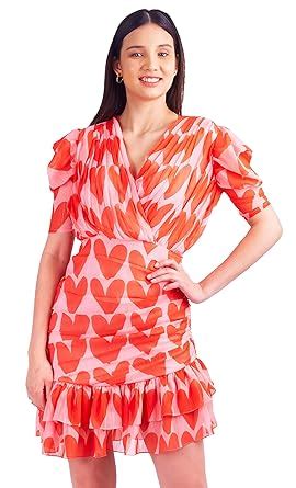 Miga by shaberry Women Red Heart Print Polyester Chiffon Puff Sleeve ...