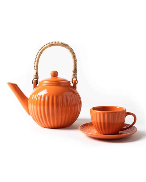 Buy Orange Ceramic Tea Pot Set with Cups & Saucers – Makaibari Tea